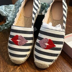 Kate Spade Black and White Striped Espadrilles with Red and Pink Design